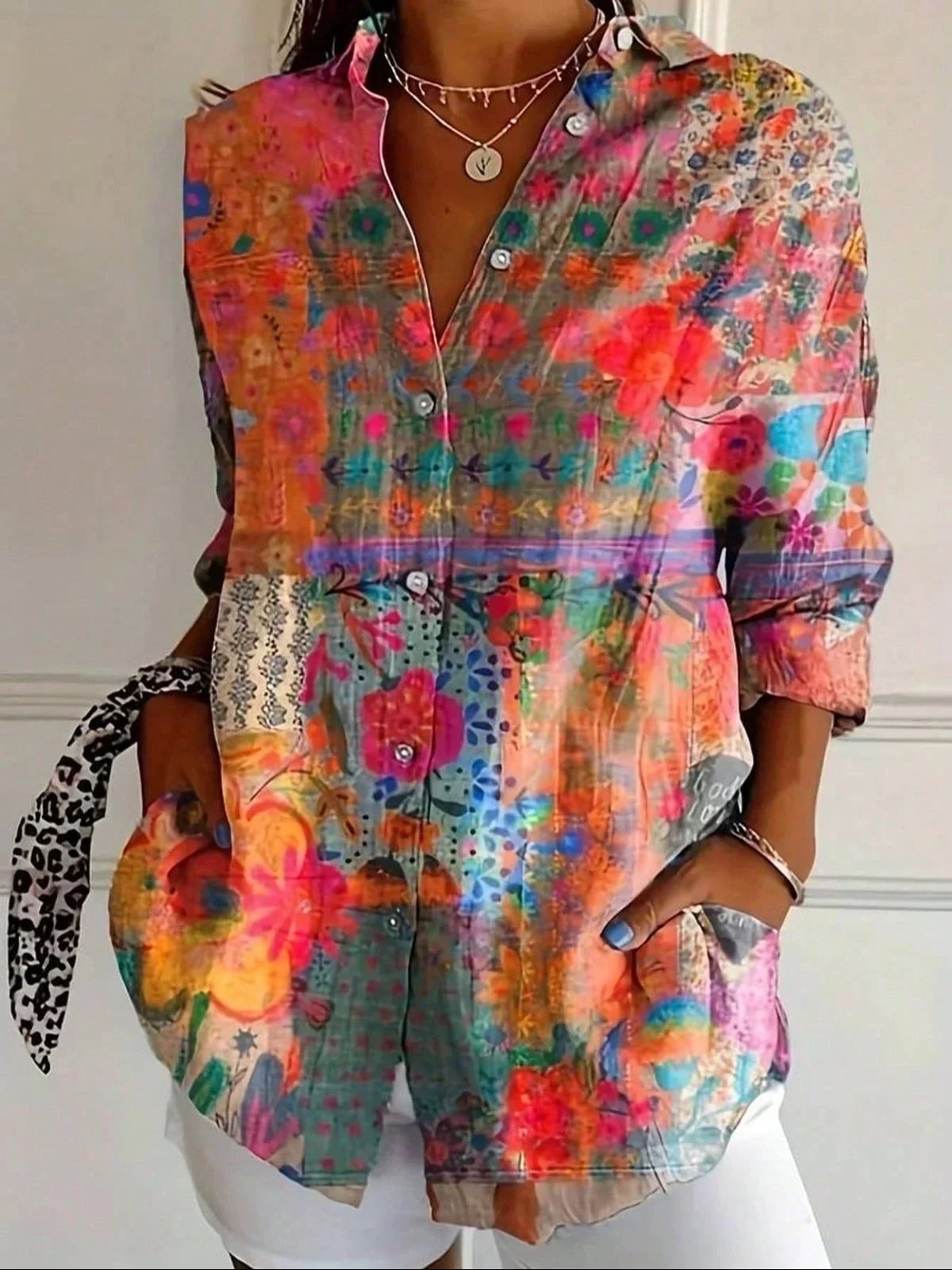 women's floral print long sleeve peasant blouse in orange