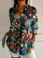 women's floral print long sleeve peasant blouse in green