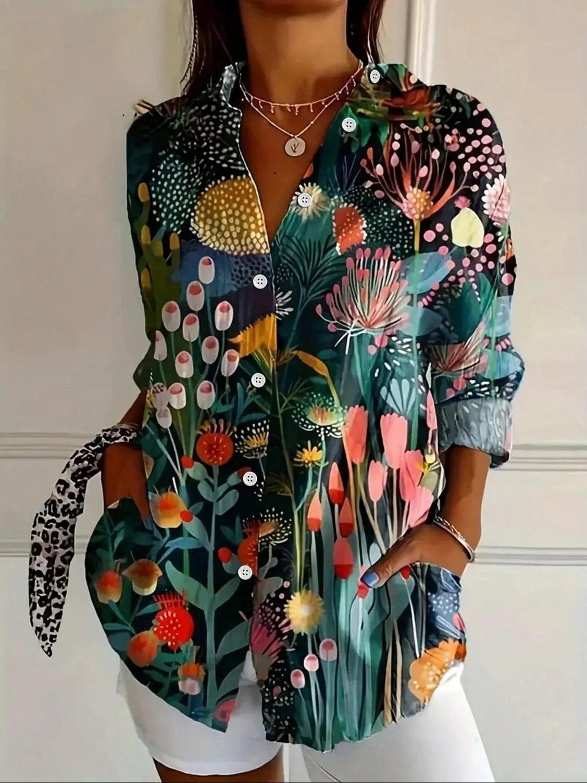 women's floral print long sleeve peasant blouse in green