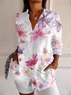 women's floral print long sleeve peasant blouse in white