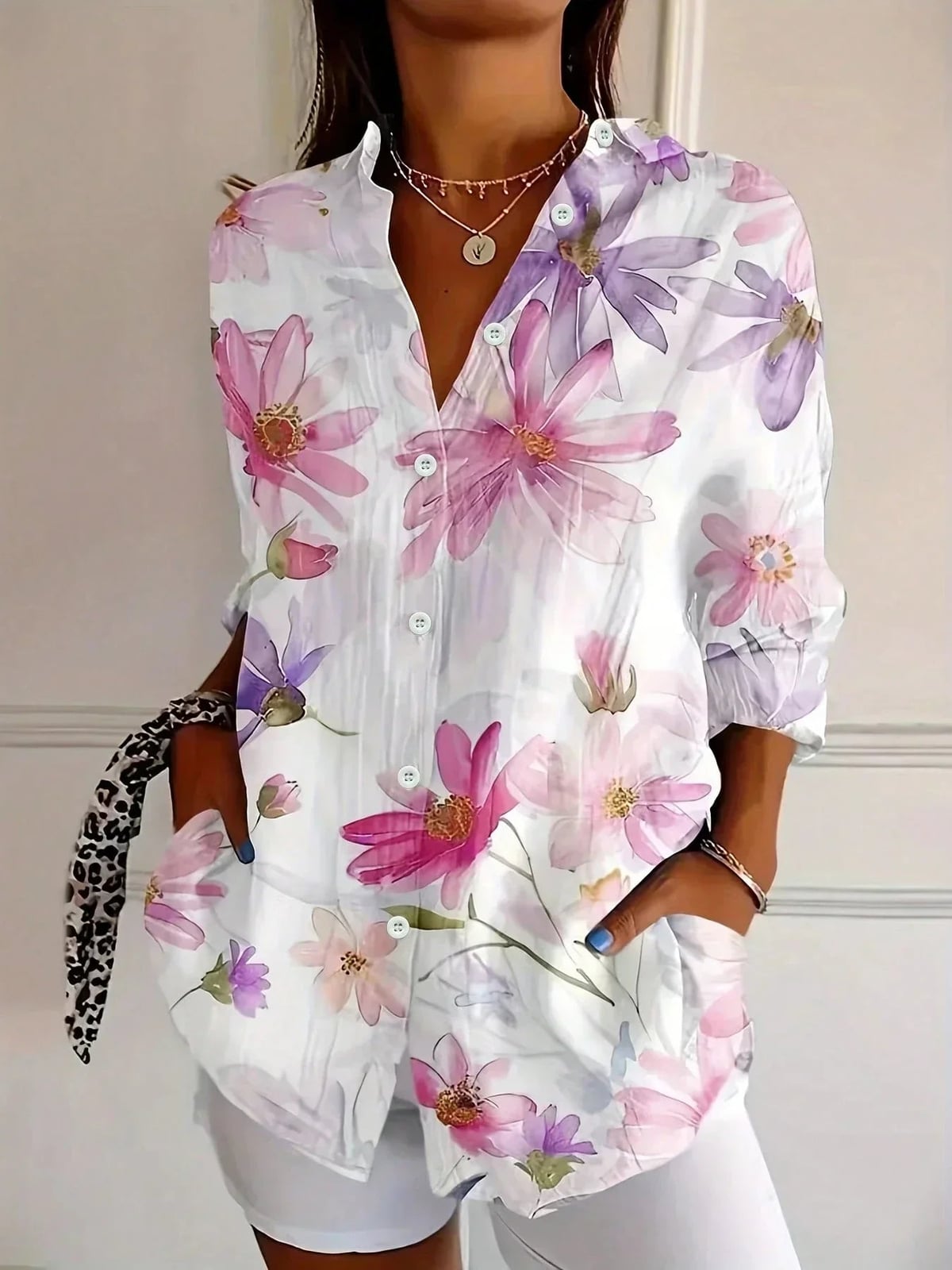 women's floral print long sleeve peasant blouse in white