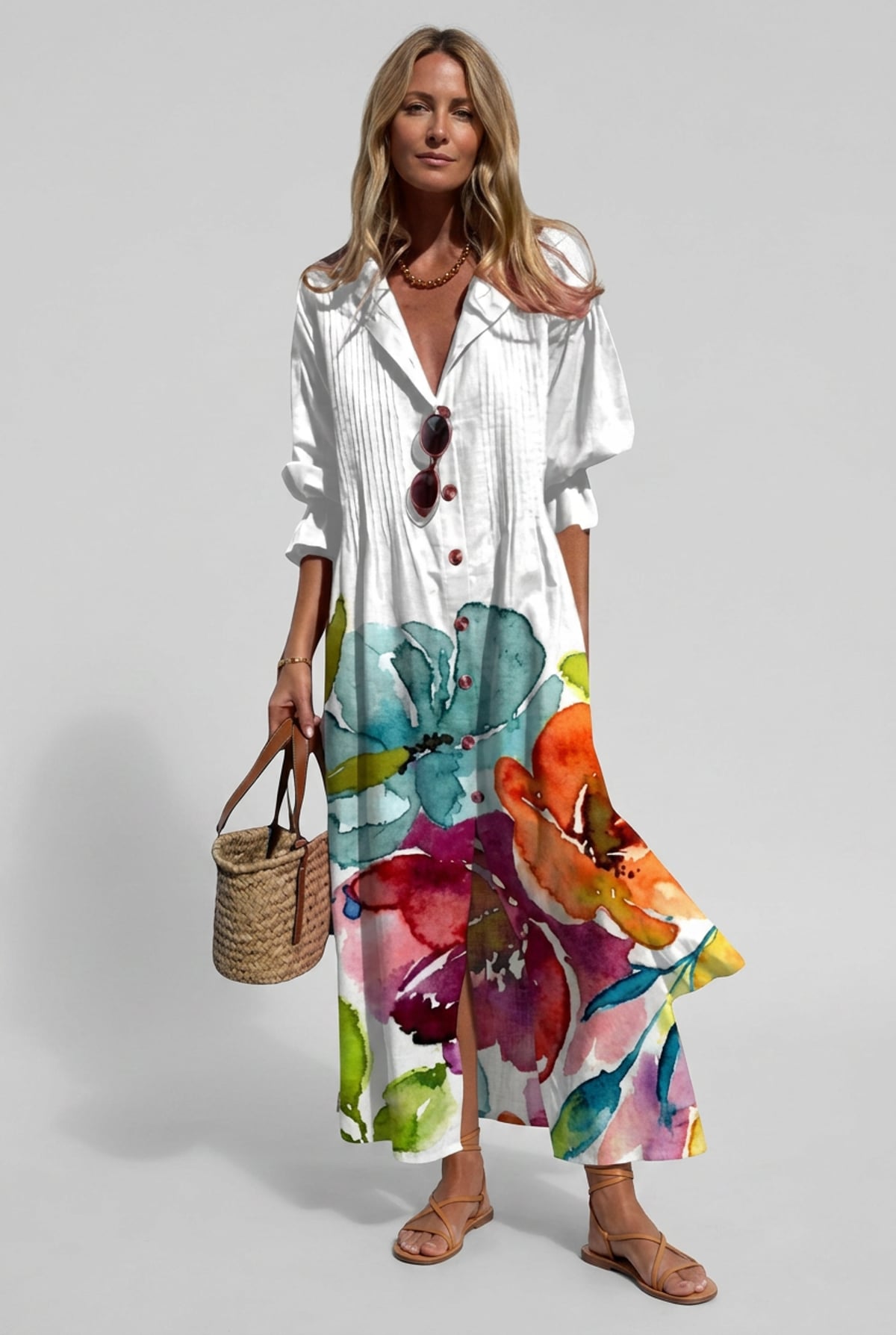 women's floral print maxi shirt dress in white