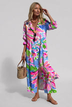 women's floral print maxi shirt dress in pink