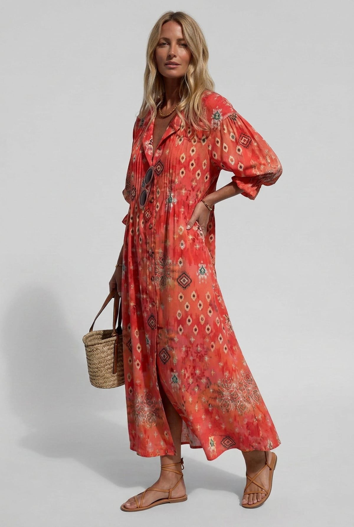 women's floral print maxi shirt dress in red