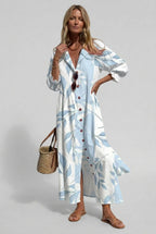 women's floral print maxi shirt dress in light blue