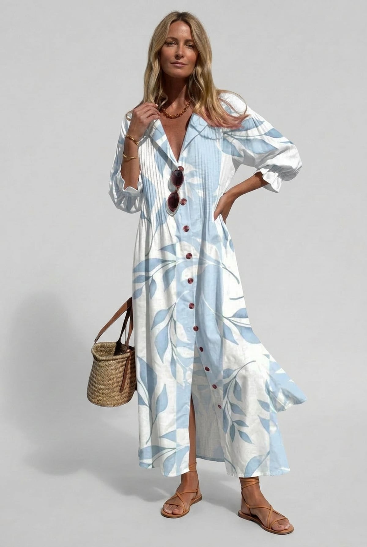 women's floral print maxi shirt dress in light blue