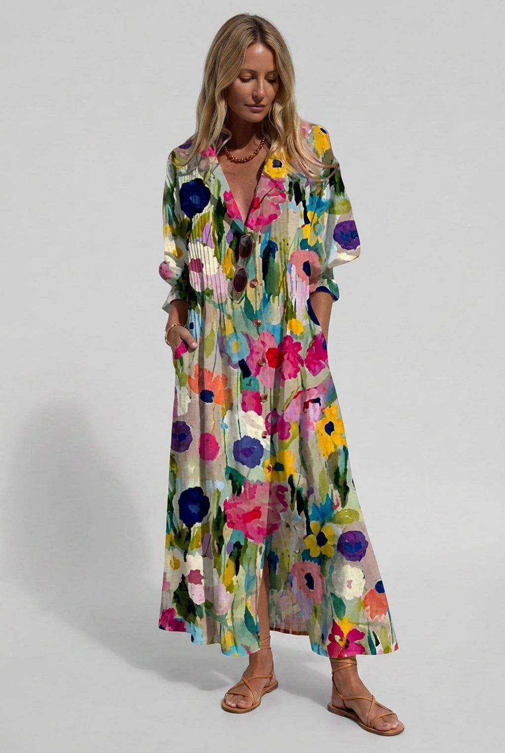 women's floral print maxi shirt dress in multicoloured 1