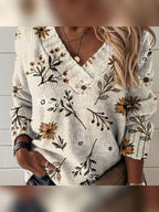 women's floral v-neck pullover sweater in cream floral