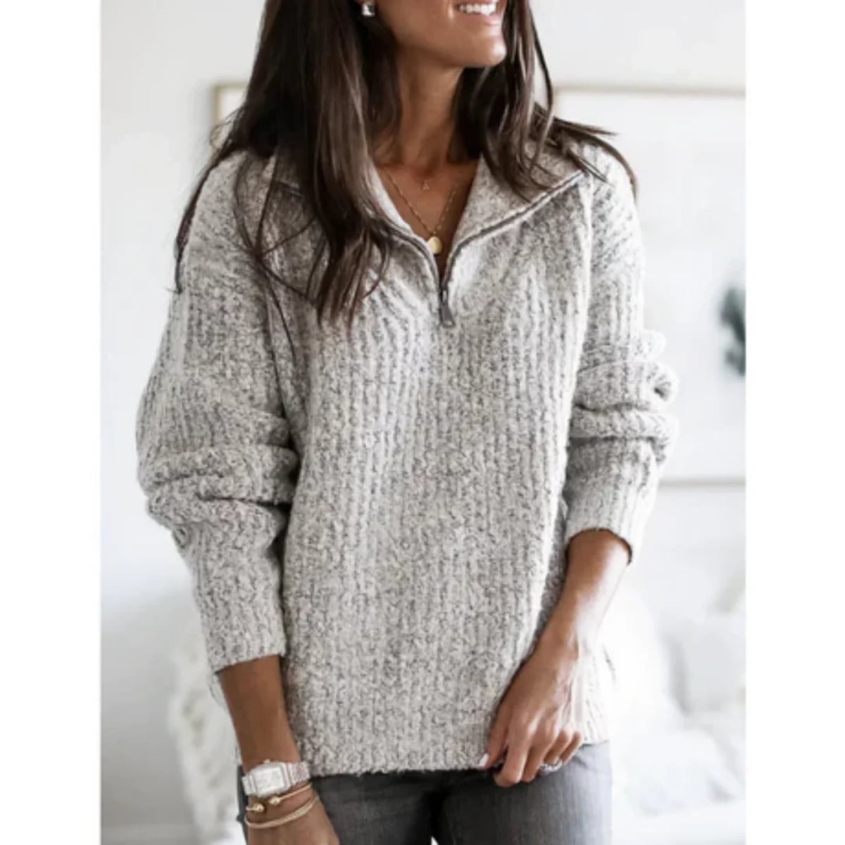 women's half-zip knit pullover in gray
