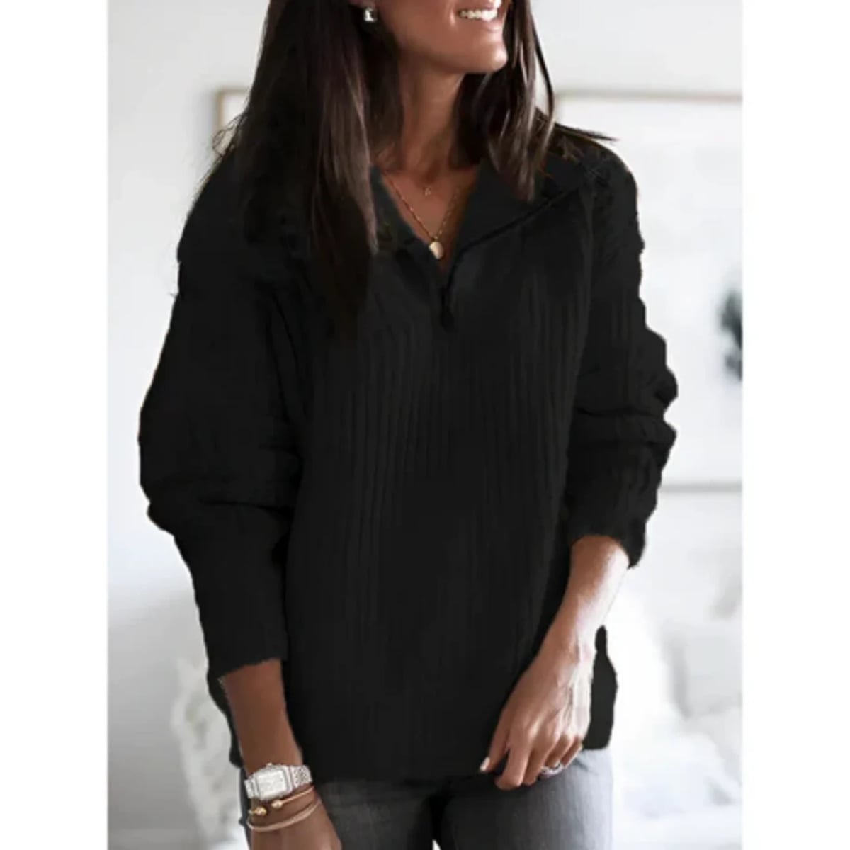 women's half-zip knit pullover in black