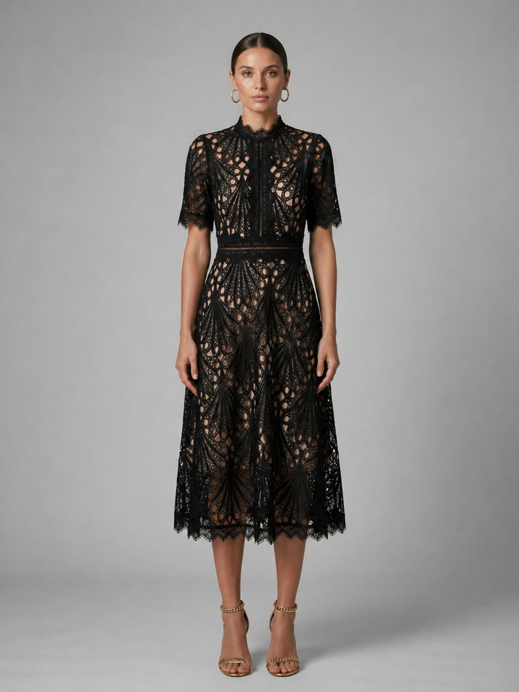 women's high neck a-line lace midi dress in black