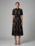 women's high neck a-line lace midi dress in black