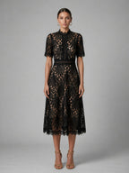 women's high neck a-line lace midi dress in black