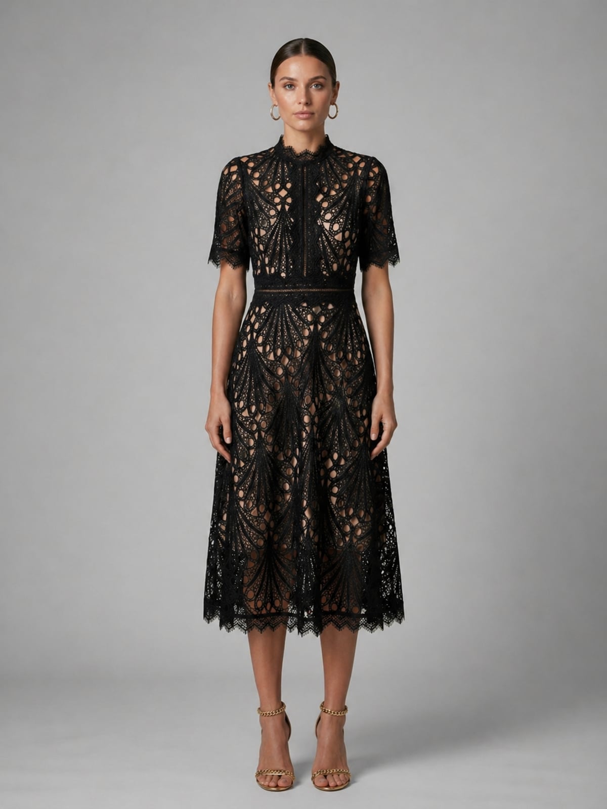 women's high neck a-line lace midi dress in black