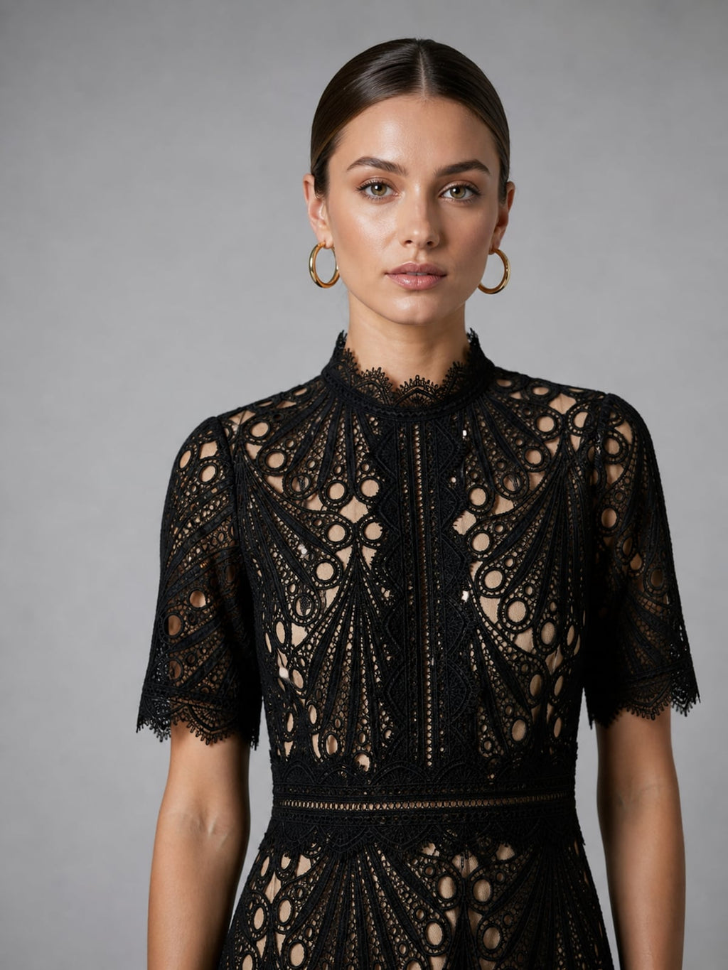 women's high neck a-line lace midi dress in black