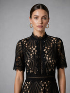 women's high neck a-line lace midi dress in black