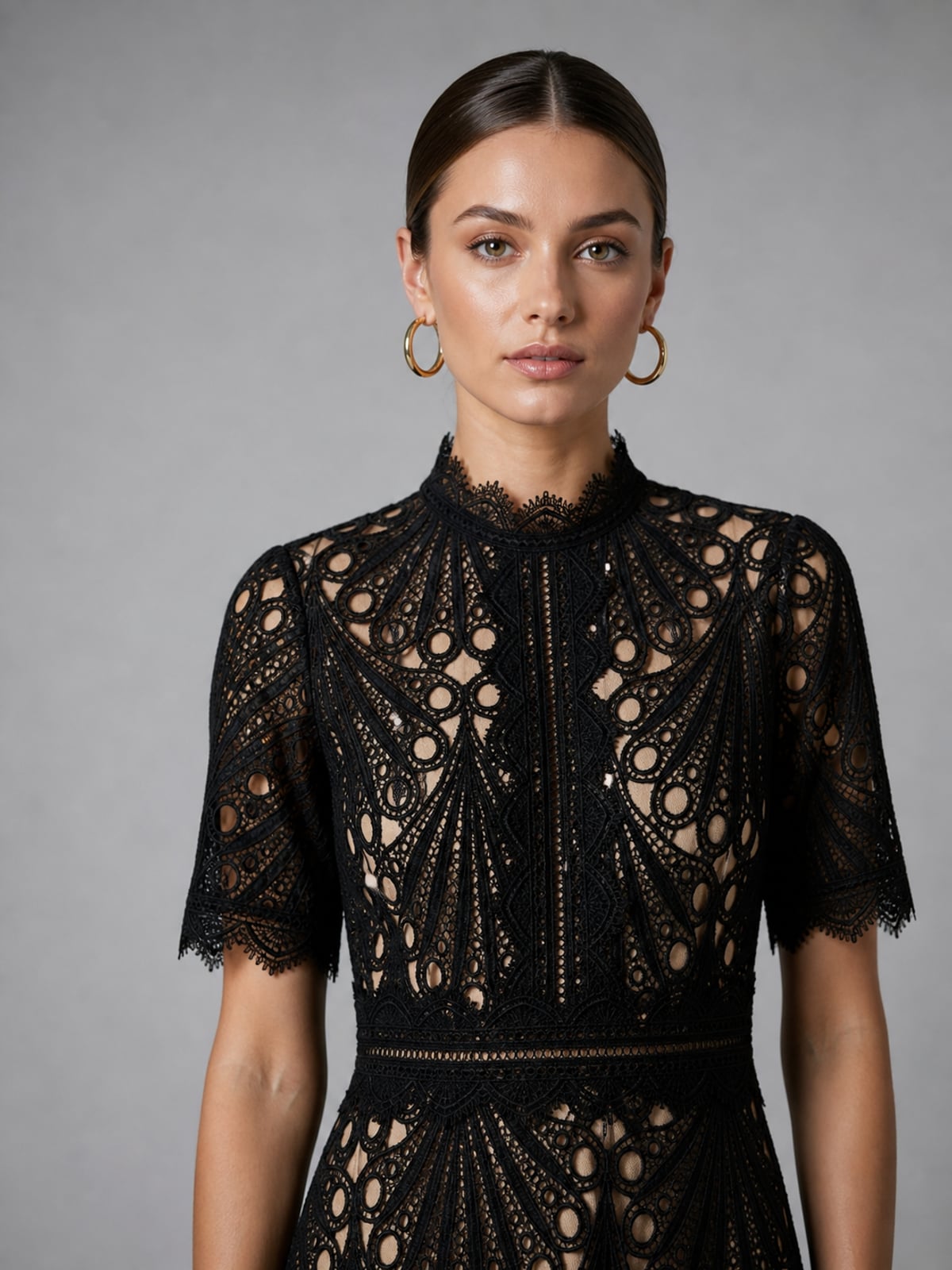 women's high neck a-line lace midi dress in black