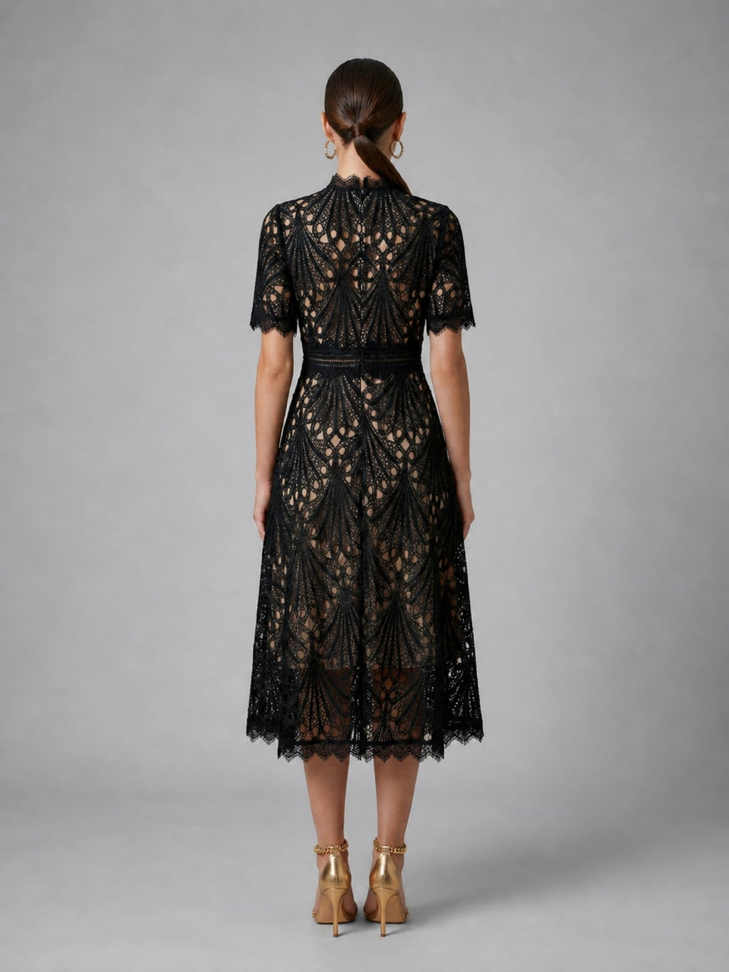 women's high neck a-line lace midi dress in black