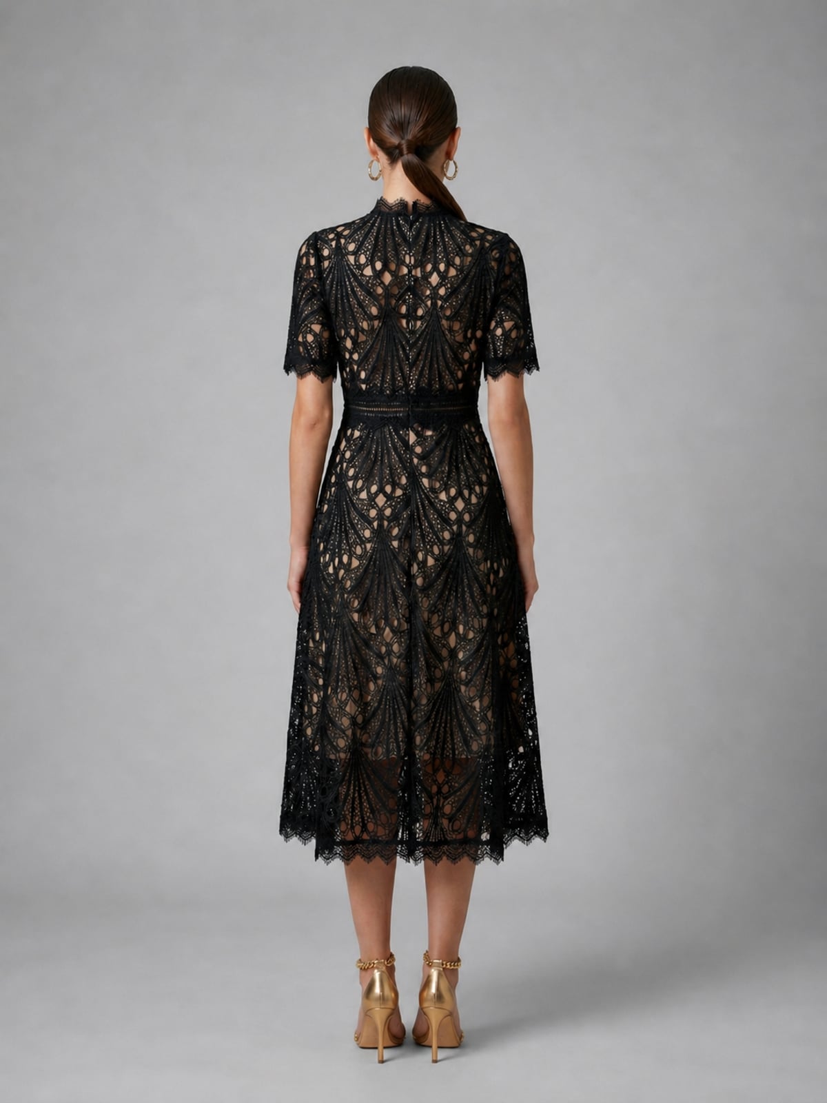 women's high neck a-line lace midi dress in black