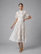 women's high neck a-line lace midi dress in white