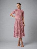 women's high neck a-line lace midi dress in pink