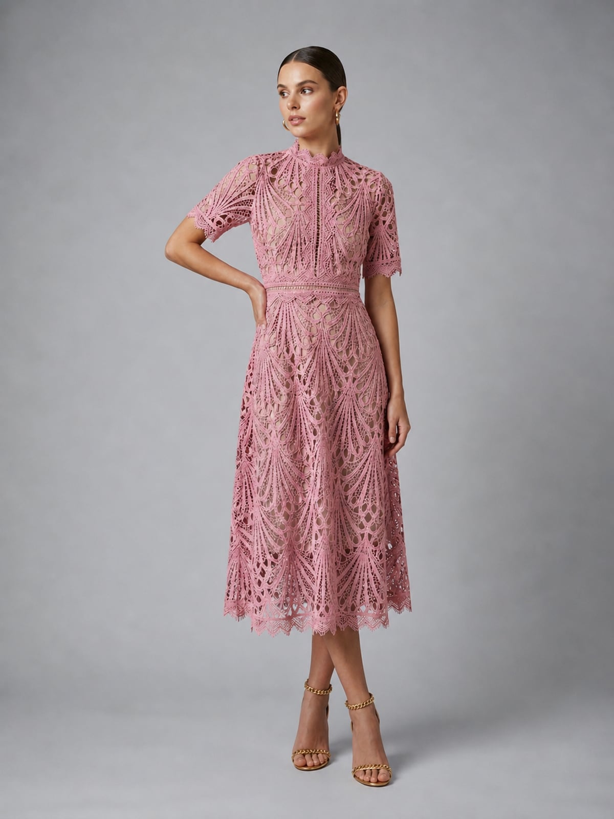 women's high neck a-line lace midi dress in pink