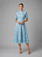 women's high neck a-line lace midi dress in light blue