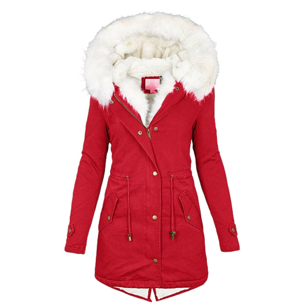 women's hooded jacket with button detail in red for women