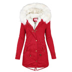 women's hooded jacket with button detail in red for women