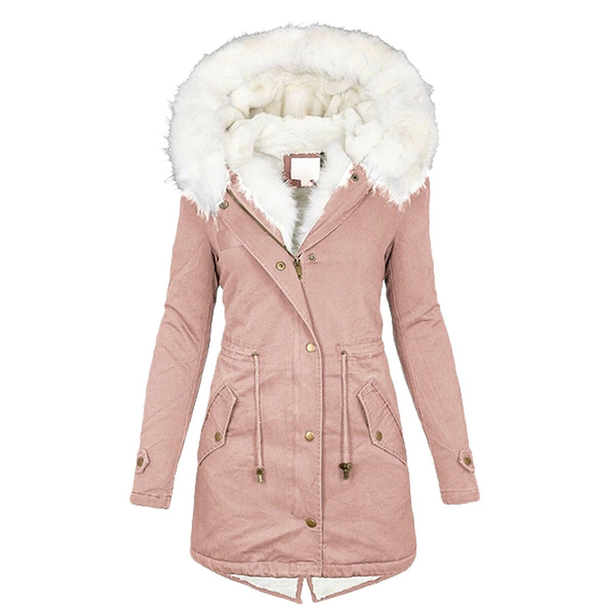 women's hooded puffer jacket with button detail in pink for women