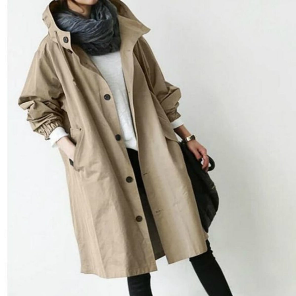 women's hooded knee-length trench coat in khaki