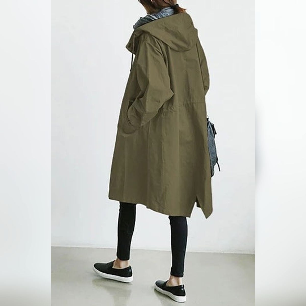 women's hooded knee-length trench coat in green