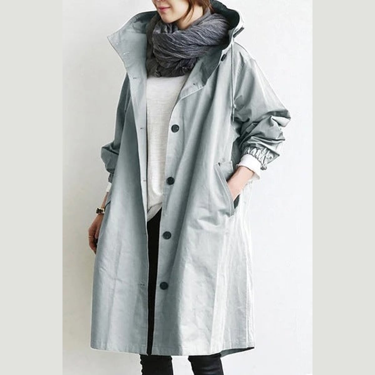 women's hooded knee-length trench coat in light gray