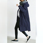 women's hooded knee-length trench coat in navy blue
