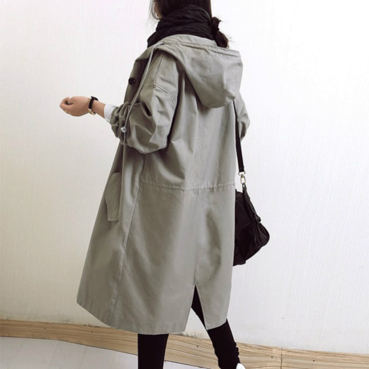women's hooded knee-length trench coat in gray