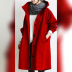 women's hooded knee-length trench coat in red