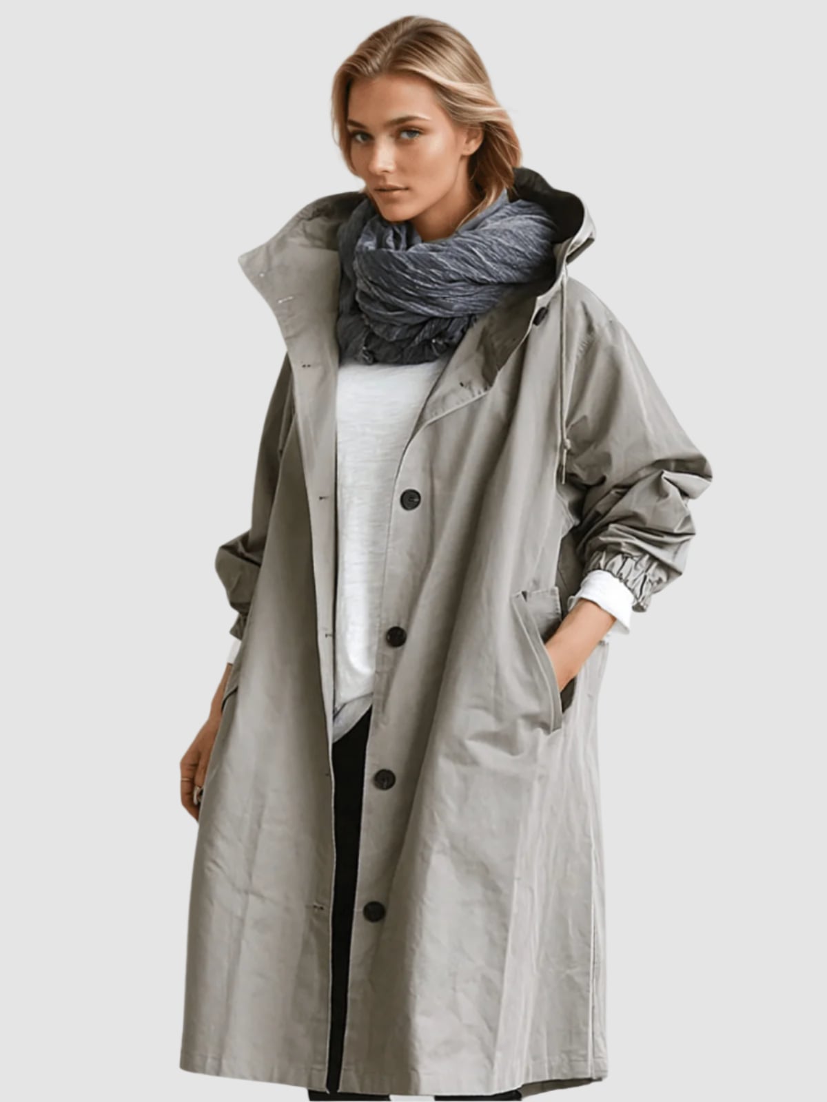 women's hooded oversized trench coat in gray