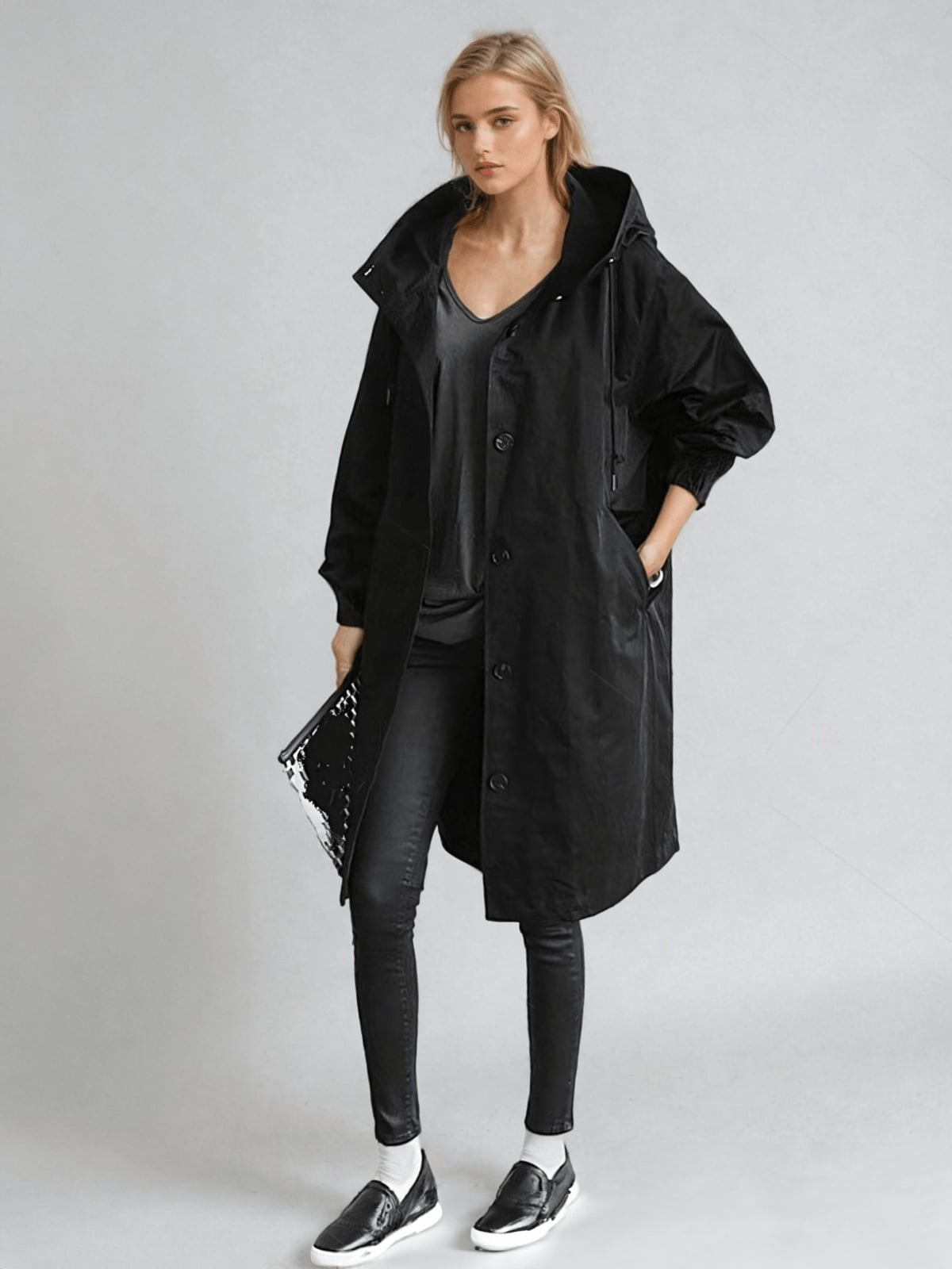 women's hooded oversized trench coat in black