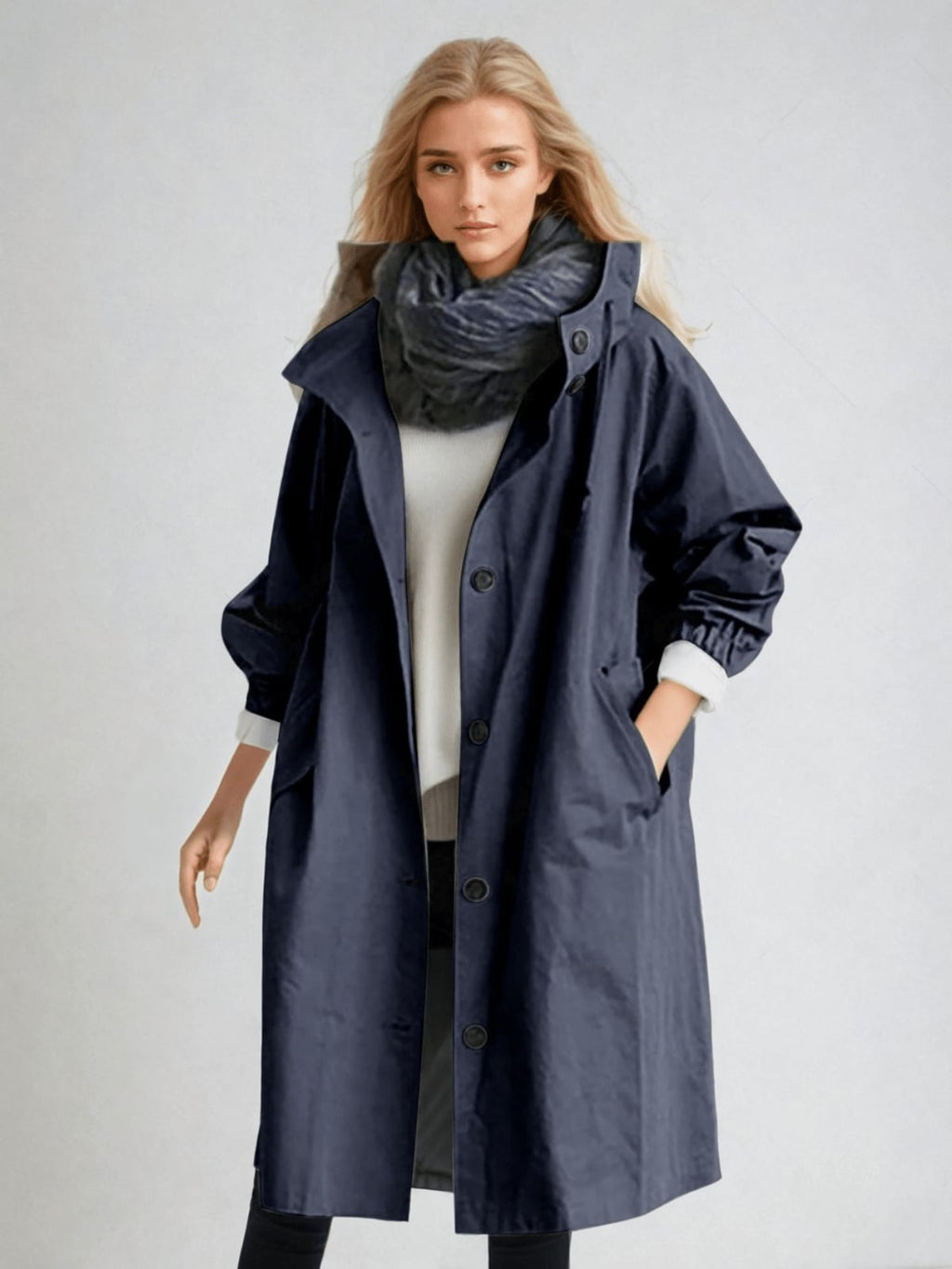 women's hooded oversized trench coat in marine blue