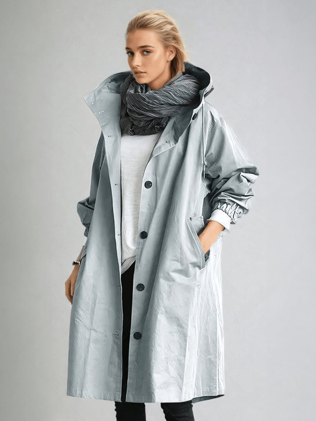 women's hooded oversized trench coat in light blue