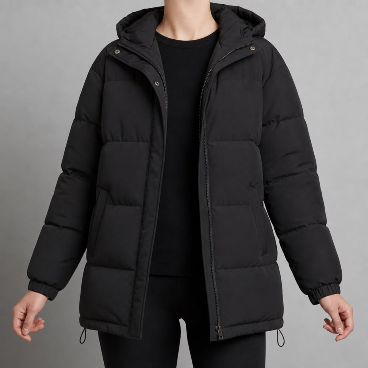 women's hooded quilted puffer jacket in black