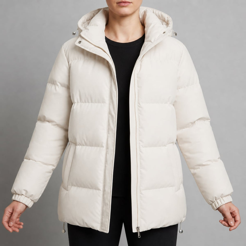 women's hooded quilted puffer jacket in beige white