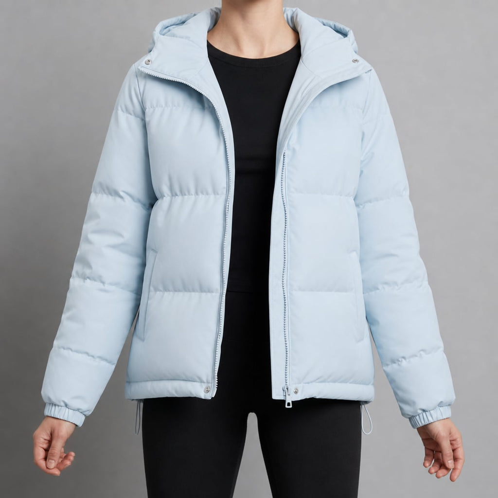 women's hooded quilted puffer jacket in light blue