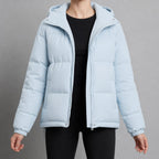 women's hooded quilted puffer jacket in light blue