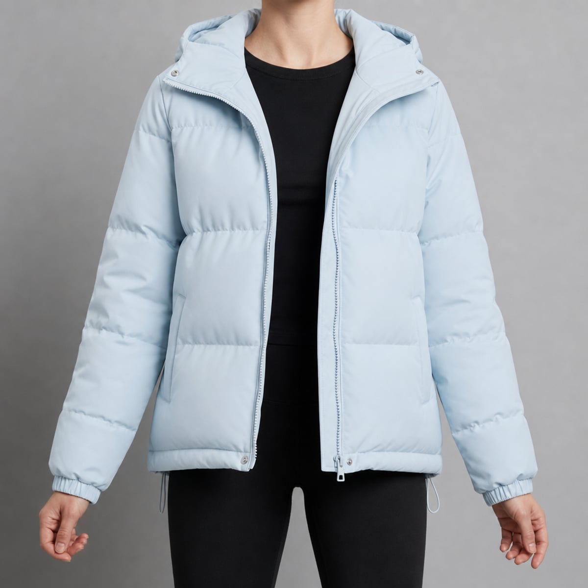 women's hooded quilted puffer jacket in light blue