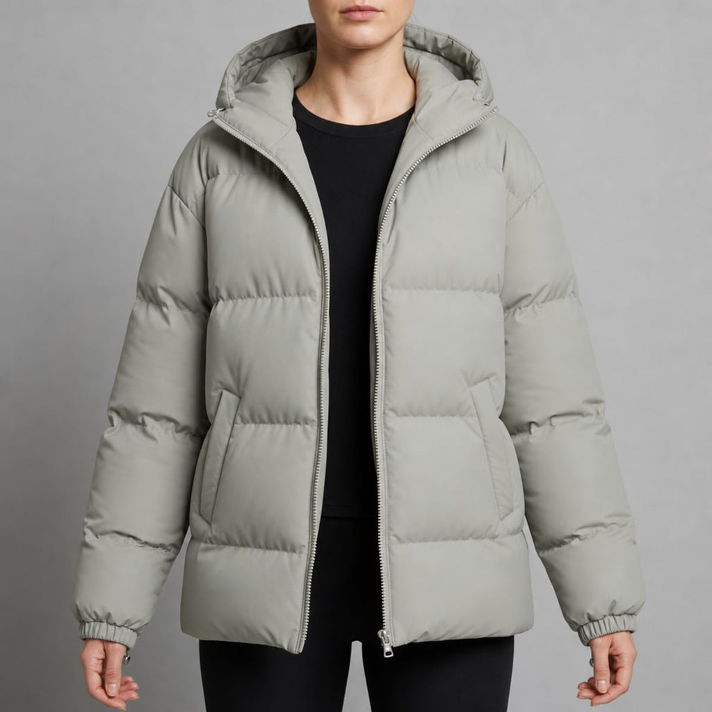 women's hooded quilted puffer jacket in light gray