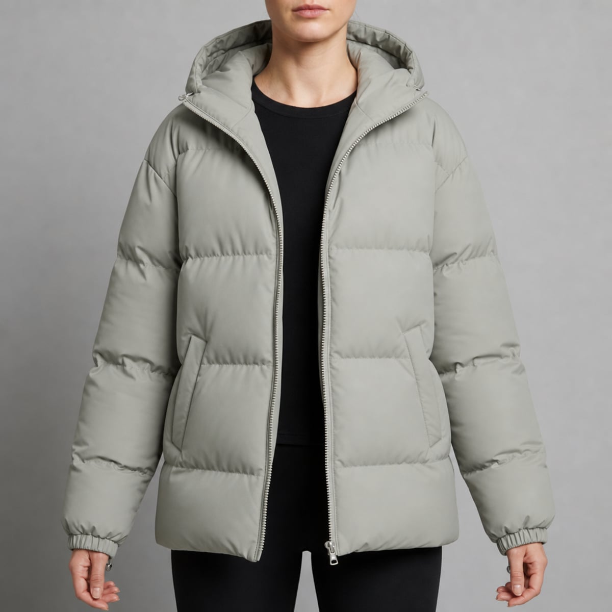women's hooded quilted puffer jacket in light gray