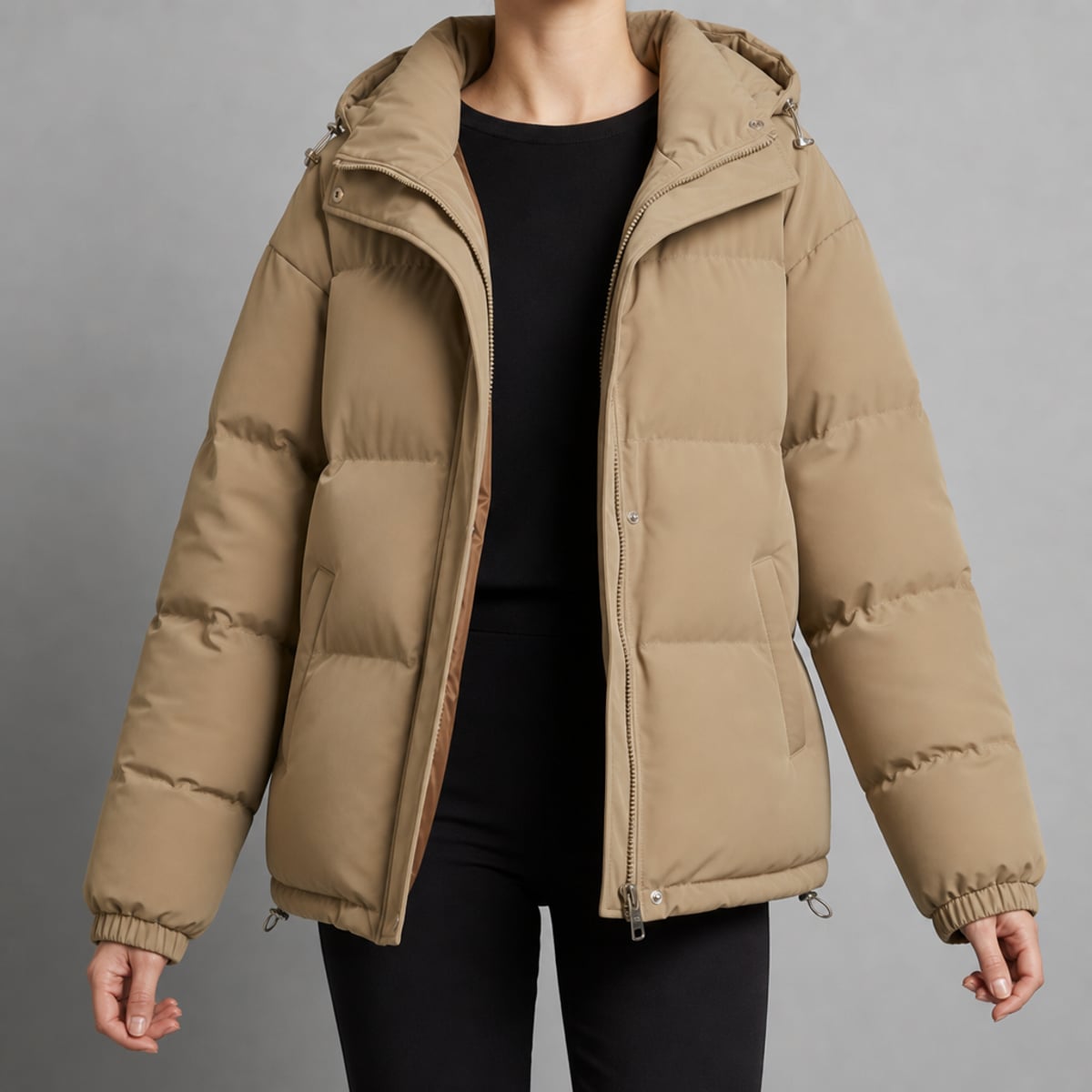 women's hooded quilted puffer jacket in khaki