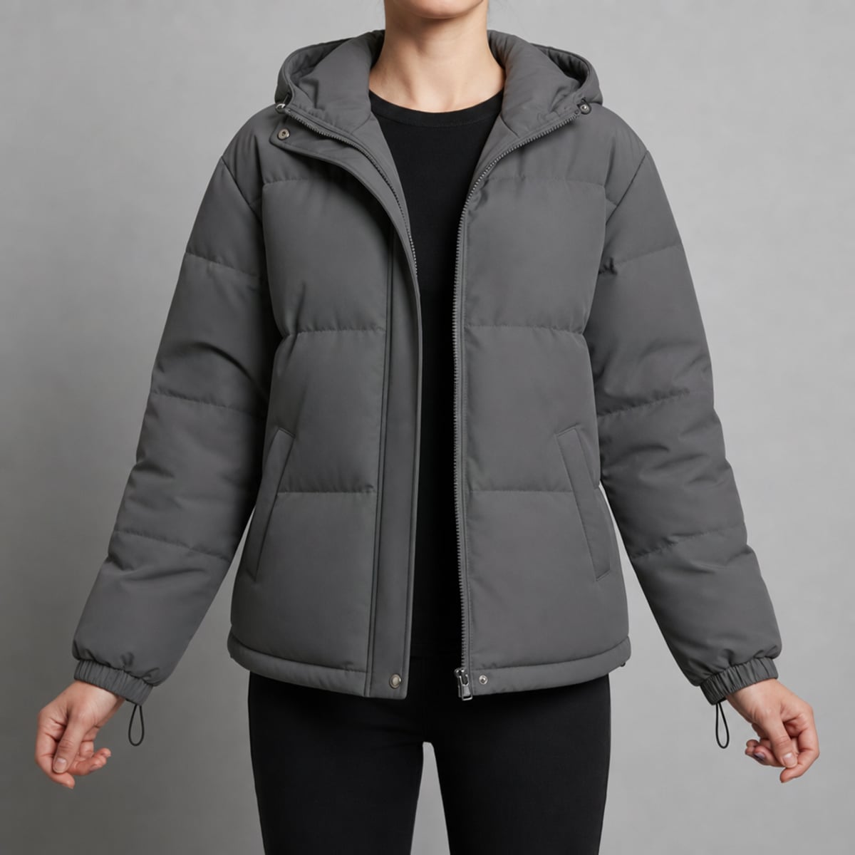 women's hooded quilted puffer jacket in dark gray