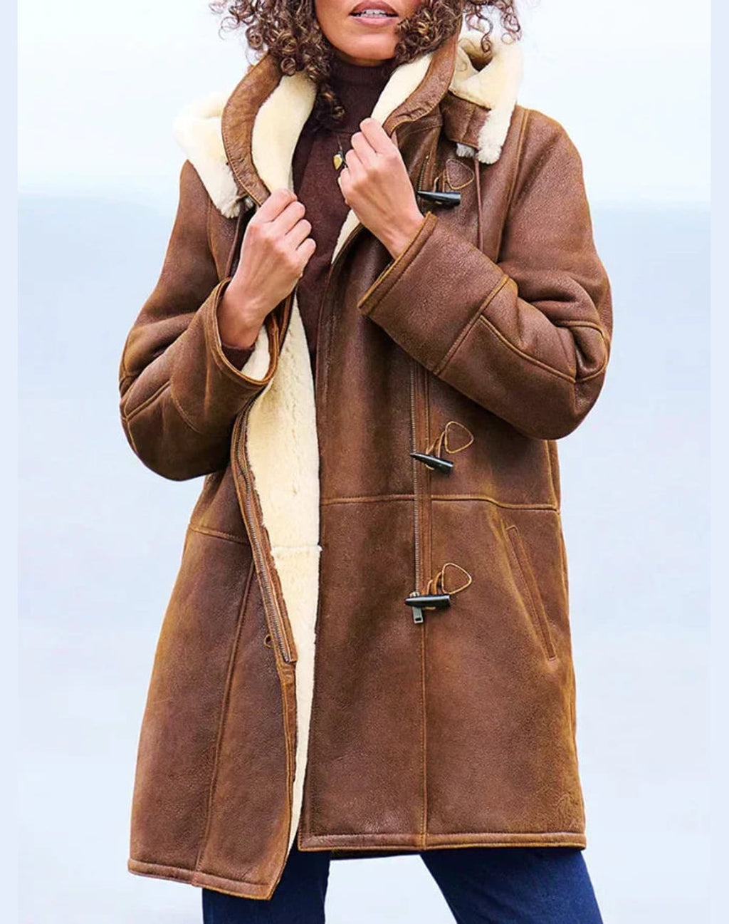 women's hooded shearling-look winter coat in brown